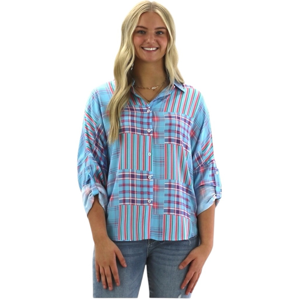 Emily Wonder Plaid Button Down Shirt Casual Top Blue Pink